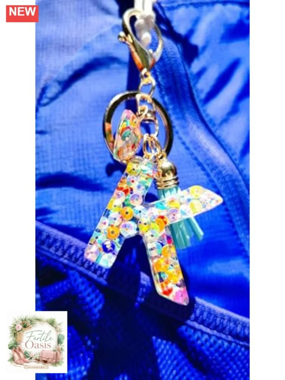 Initial Letter Keychain with Heart Charm and Tassel, Resin and Metal, Cute Gift